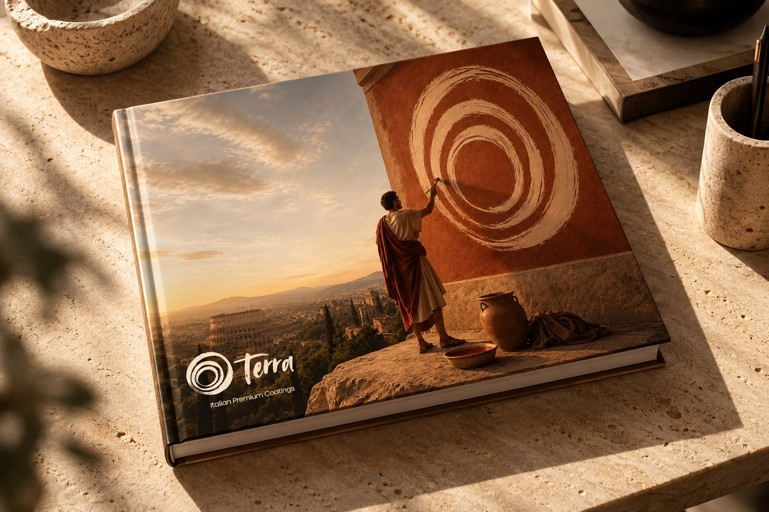 The TERRA book displayed on a warm natural stone surface