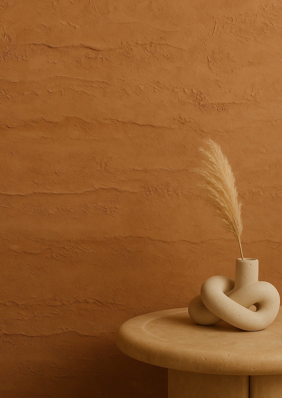 Warm ochre textured wall with sculptural objects and natural light